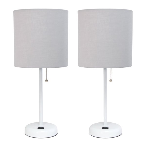 Limelights White Stick Lamp with Charging Outlet and Fabric Shade Set, Gray, PK 2 LC2001-GOW-2PK